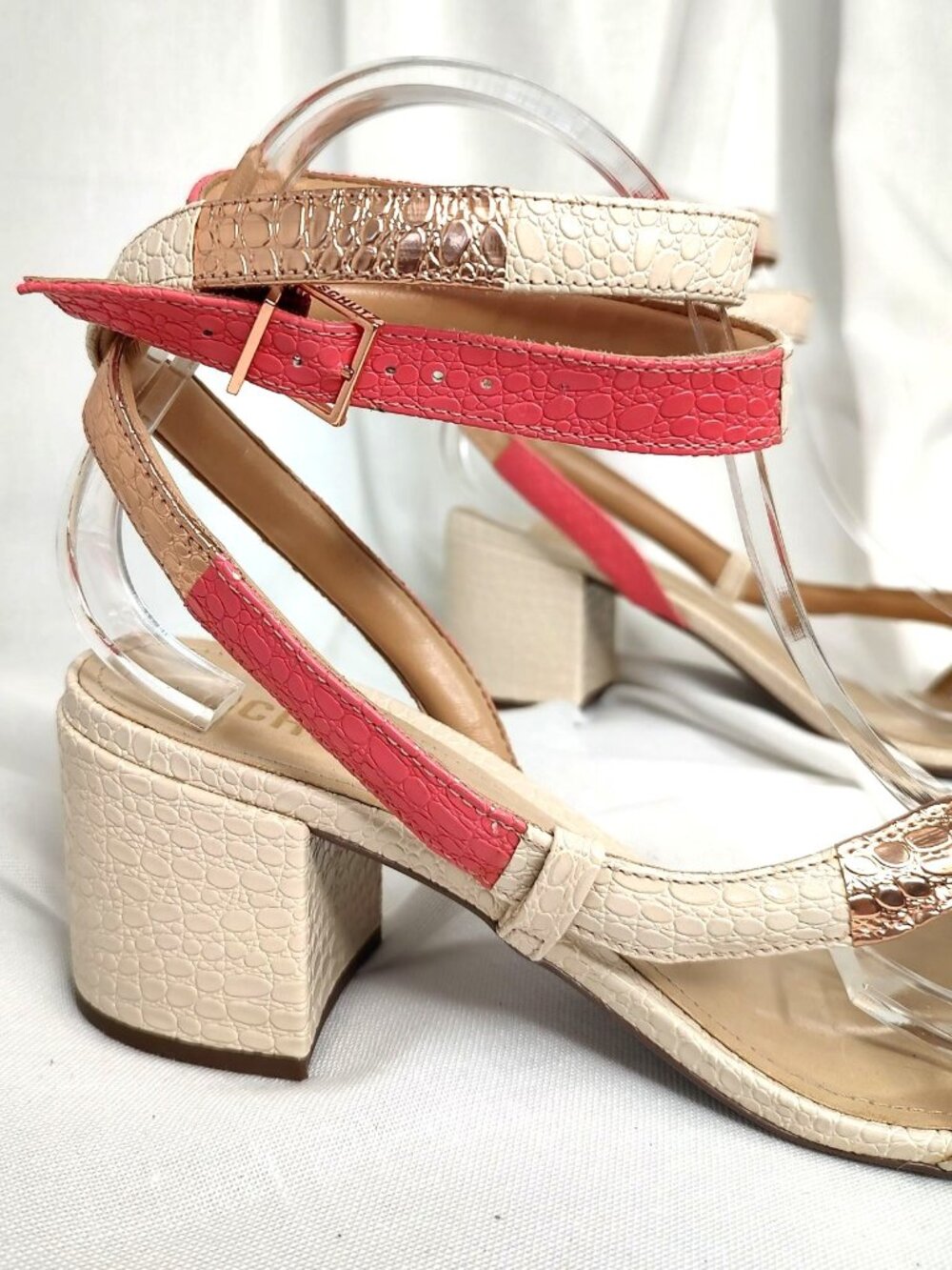Schutz Cleo Snake Block Heel Sandals Metallic Gold Pink Ivory 10 - Picture 6 of 16